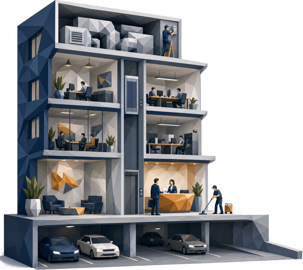 Cutaway of a commercial building: parkade, reception, office floors and rooftop plant room, with staff and trades at work on each level.