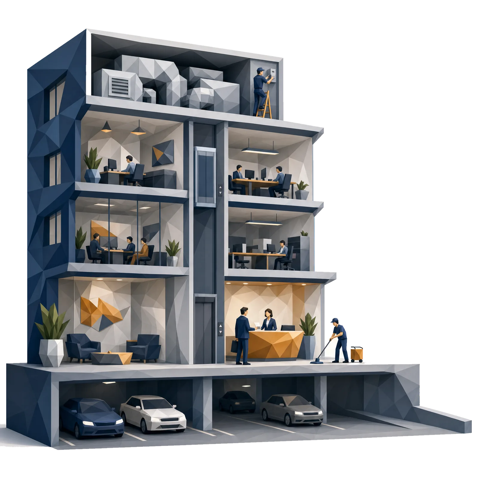 Isometric low-poly cutaway of an office tower — plant room, offices, lobby and parkade